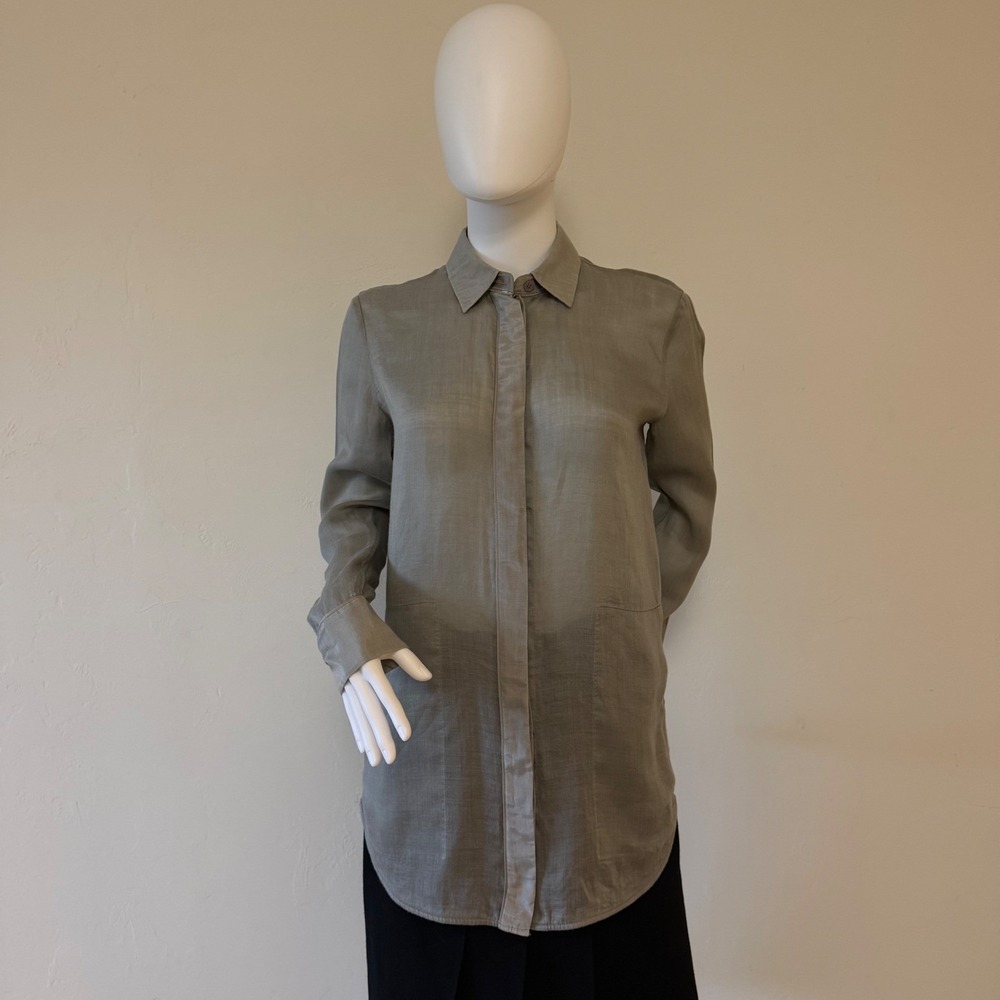 Lafayette 148 New York‎ Sage Green Grey Button Down Tunic Shirt Womens Petite P